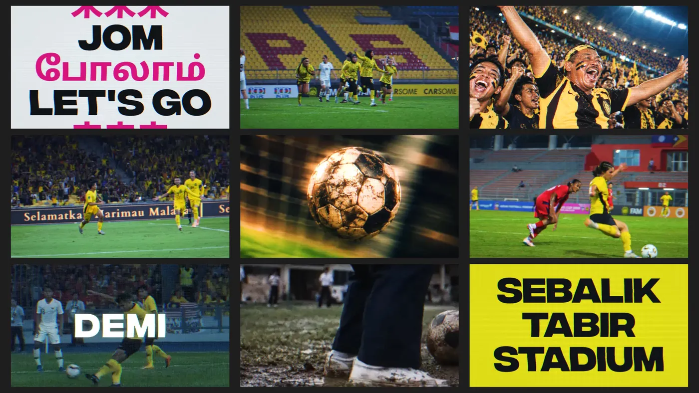Kolaj video kempen Yes x Football FAM Malaysia: 'Let's go' dan 'Jom', pemain Harimau Malaya, penyokong dan bola sepak, dengan tawaran Merch Terhad, Pin Eksklusif, Jumpa Coach dan Pemain, Tiket Game serta Sebalik Tabir Stadium